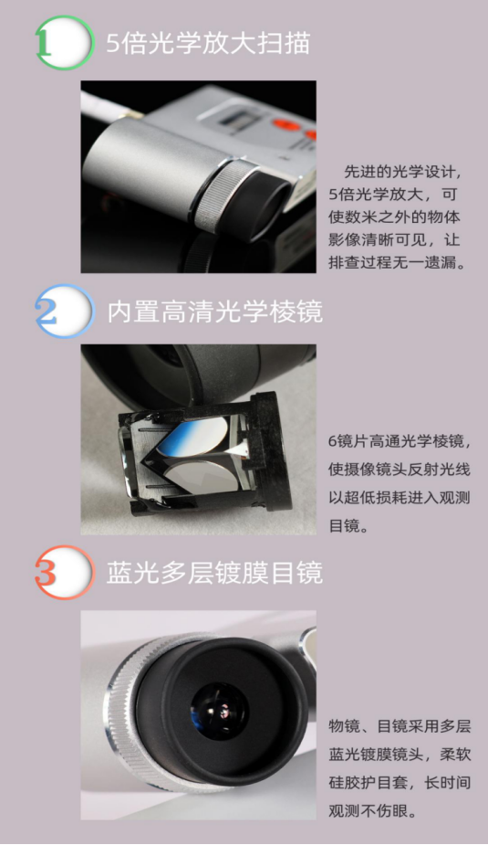 1、電磁波探測模式
探測器自帶射頻（ RF）探測天線、當探測到目標設(shè)備所發(fā)射的電磁波信號時候，設(shè)備面板信號強度指示燈將會對信號強度進行指示，同時內(nèi)置蜂鳴器將進行聲音提示。通過頂部的旋鈕可以調(diào)節(jié)探測器的射頻信號探測靈敏度，開機默認靈敏度最低，繼續(xù)順時針旋轉(zhuǎn)可增加靈敏度，當射頻電平指示燈第一個信號燈點亮的時候靈敏度處于最高狀態(tài)，探測定位器/竊聽器一般使用中等靈敏度即可，探測wiFi攝像機需要使用較高靈敏度去探測。
2、光學(xué)鏡頭探測模式
首先打開探測器電源，然后按下面板SCAN按鍵，探測器的光束發(fā)射器將發(fā)射特殊波長和頻率的光束，使用者手持探測儀，眼睛靠近目鏡進行觀測，當發(fā)射器所發(fā)射的光束照射到被探攝像機的光學(xué)鏡頭時，由于攝像機光學(xué)鏡頭物鏡的第一片基本都是采用的凸透鏡，凸透鏡會對探測儀發(fā)射的入射光線進行聚焦和反射，反射光線以180度角原路反射至光源發(fā)射點后面安裝的觀察目鏡當中，光線經(jīng)由物鏡進入5倍光學(xué)放大，最終通過目鏡鏡片投射到觀察者的視網(wǎng)膜上進行成像，觀察者通過目鏡將能清晰的看到被探攝像機的鏡頭呈1.6HZ頻率的光點閃爍，然后就可以進一步對光點閃爍處進行排查是否安裝有微型攝像機。
3、紅外線探測模式
短按面板按鍵speaker on/off鍵可以開啟關(guān)閉探測報警提示音，長按該鍵兩秒可以將設(shè)備由探測射頻模式切換到探測紅外線模式。
當設(shè)備處于探測紅外線模式時，探測器前面板激光指示器開啟，面板前部紅外線探測傳感器處于接收狀態(tài)，使用者手持探測器對環(huán)境進行探測掃描，當紅外線探測器探測到環(huán)境中有超過設(shè)定強度值的紅外線時，探測器將發(fā)出聲光報警提示，同時激光指示器將會指示紅外線發(fā)射源的具體安裝位置，使用者可以很方便的找到被探測目標設(shè)備。
